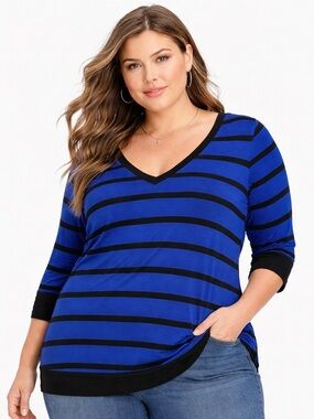 Torrid Skipper Striped Top Size 0 Large 12 Blue Black V-Neck Stretch Flowy NWT